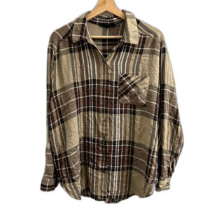 Jane & Delancey Plaid Flowy Shirt Button Down Tunic Brown Size Large L Boho